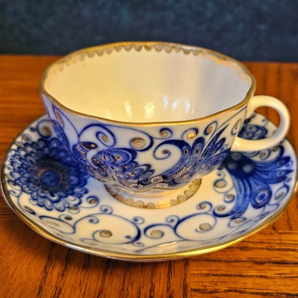 Lomonosov Imperial Porcelain Firebird Tea Cup Saucer Set Cobalt Blue Gold USSR